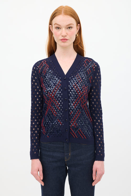 Louis Vuitton Navy 
Red Wool Sequin Open Knit Cardigan