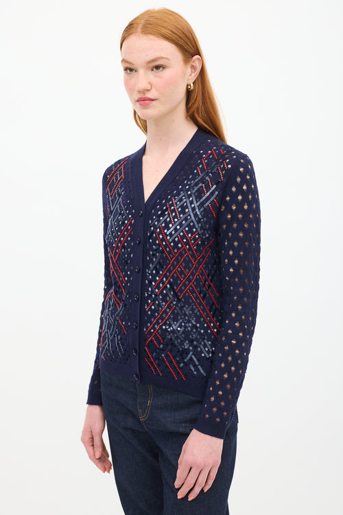 Louis Vuitton Navy 
Red Wool Sequin Open Knit Cardigan