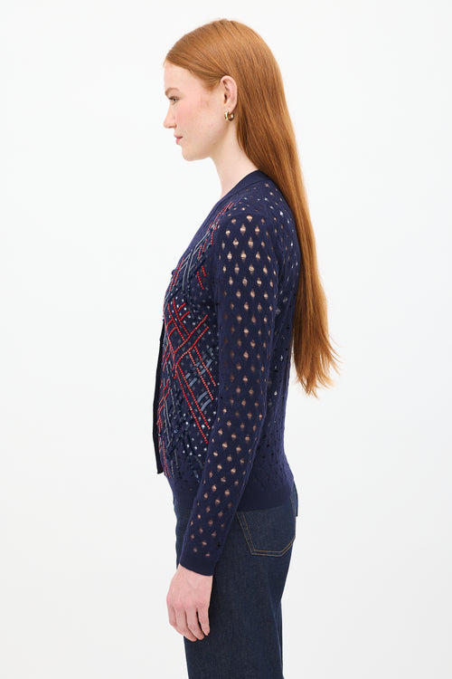 Louis Vuitton Navy 
Red Wool Sequin Open Knit Cardigan