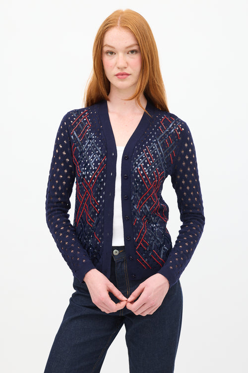 Louis Vuitton Navy 
Red Wool Sequin Open Knit Cardigan