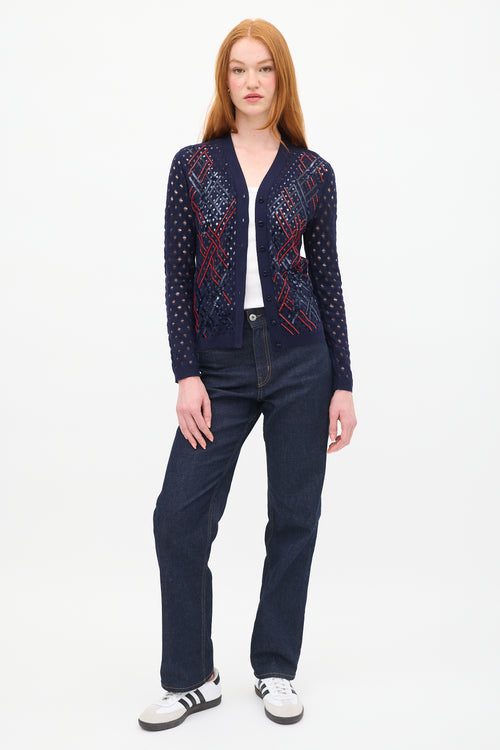 Louis Vuitton Navy 
Red Wool Sequin Open Knit Cardigan