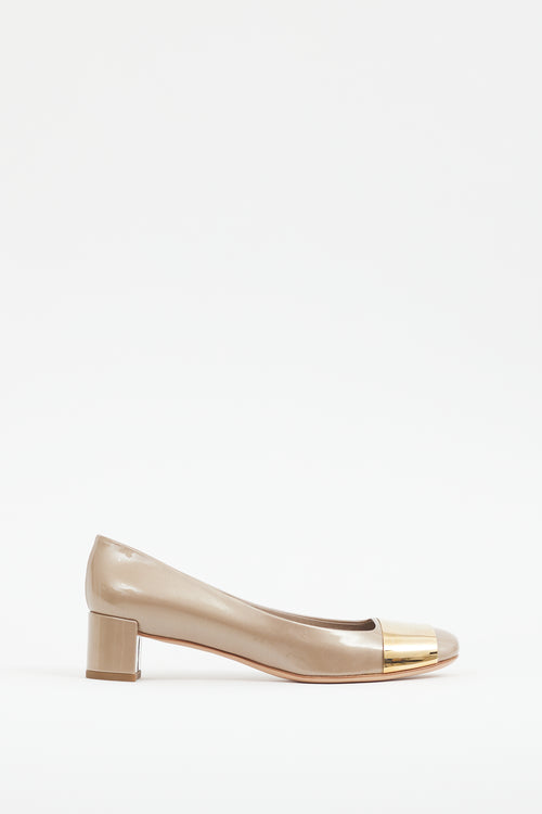 Louis Vuitton Beige 
Gold Shiny Patent Leather Heel