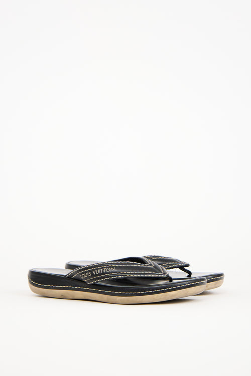 Louis Vuitton Black Leather Contrast Stitch Sandal