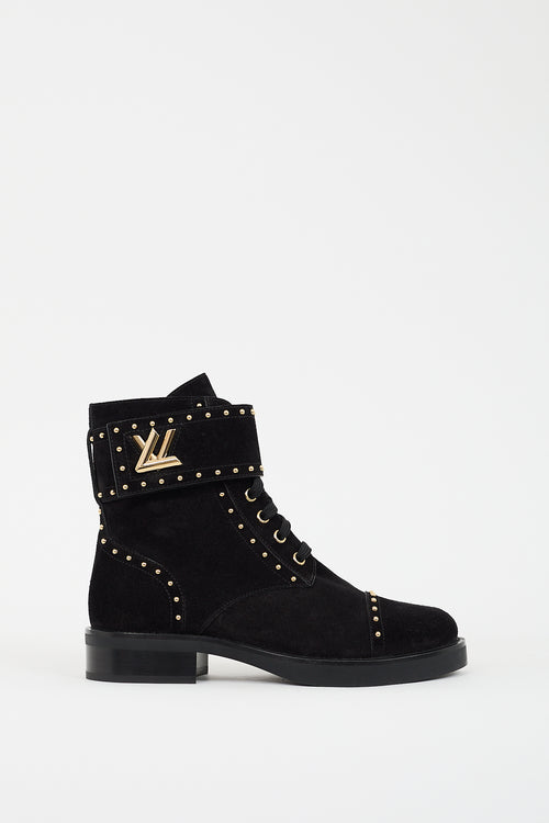 Louis Vuitton Black Suede Studded Wonderland Flat Ranger Boot