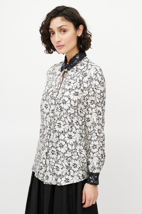 Louis Vuitton Black 
White Silk Floral Shirt