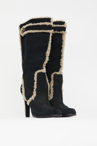 Louis Vuitton Black 
Beige Suede High Heeled Boot