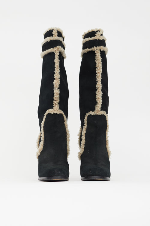 Louis Vuitton Black 
Beige Suede High Heeled Boot