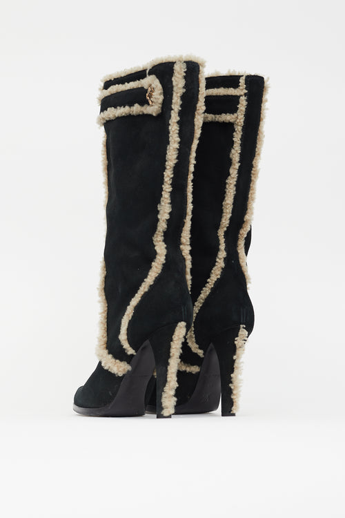 Louis Vuitton Black 
Beige Suede High Heeled Boot