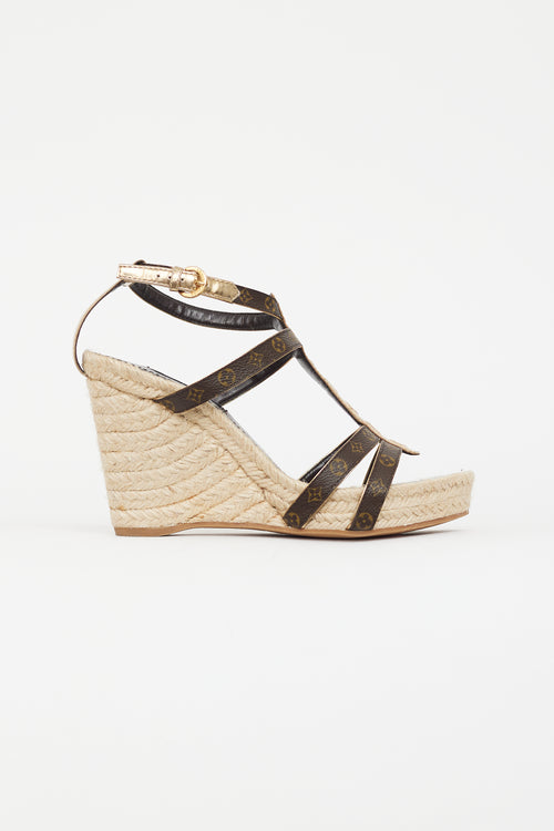 Louis Vuitton Brown 
Gold Monogram Wedge Sandal