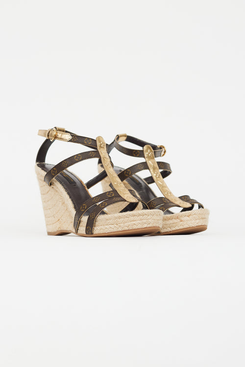 Louis Vuitton Brown 
Gold Monogram Wedge Sandal