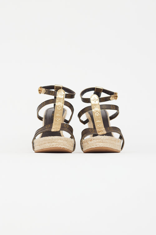 Louis Vuitton Brown 
Gold Monogram Wedge Sandal