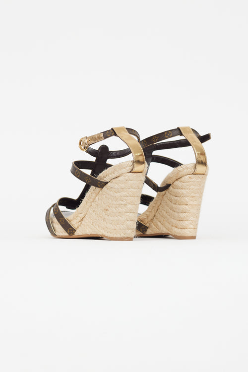 Louis Vuitton Brown 
Gold Monogram Wedge Sandal