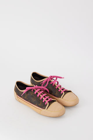 Louis Vuitton Brown Beige 
Pink Canvas 
Leather Monogram Sneaker