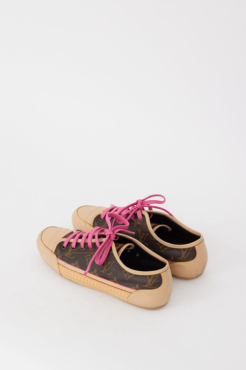 Louis Vuitton Brown Beige 
Pink Canvas 
Leather Monogram Sneaker