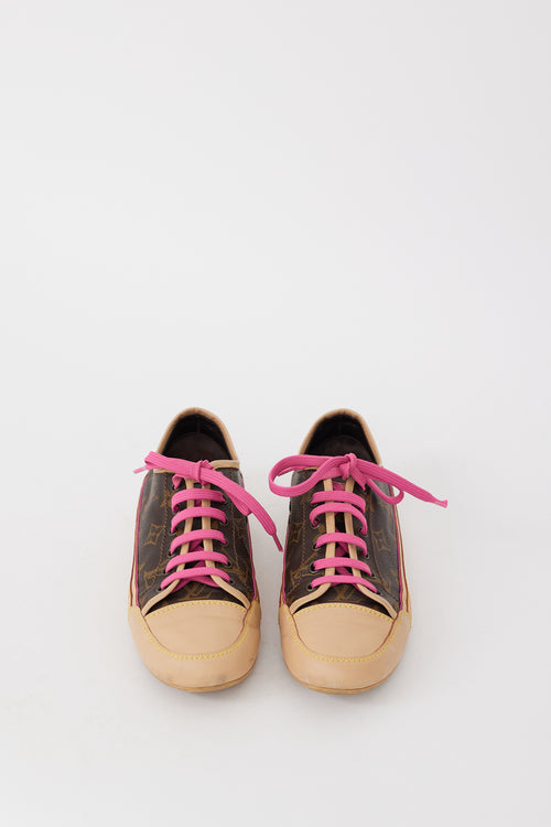 Louis Vuitton Brown Beige 
Pink Canvas 
Leather Monogram Sneaker