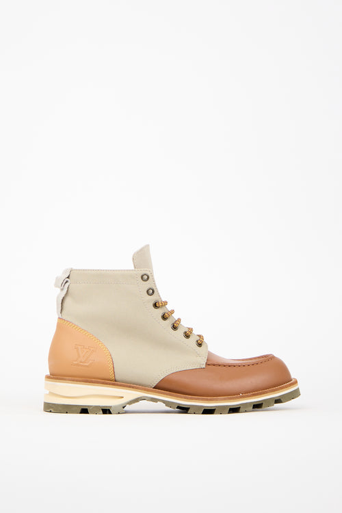 Louis Vuitton Brown Leather 
Taupe Canvas Boot