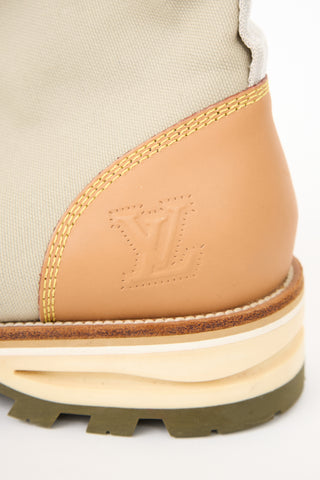 Louis Vuitton Brown Leather 
Taupe Canvas Boot