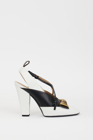 Louis Vuitton White 
Black Leather Headline Slingback Heel