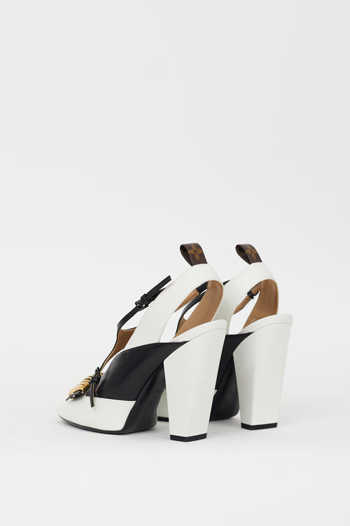 Louis Vuitton White 
Black Leather Headline Slingback Heel