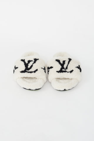 Louis Vuitton White and Black Shearling Slide