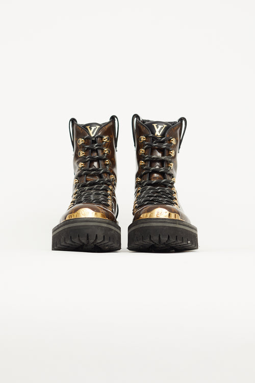 Louis Vuitton Brown Patent Monogram Combat Boot