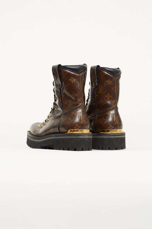 Louis Vuitton Brown Patent Monogram Combat Boot