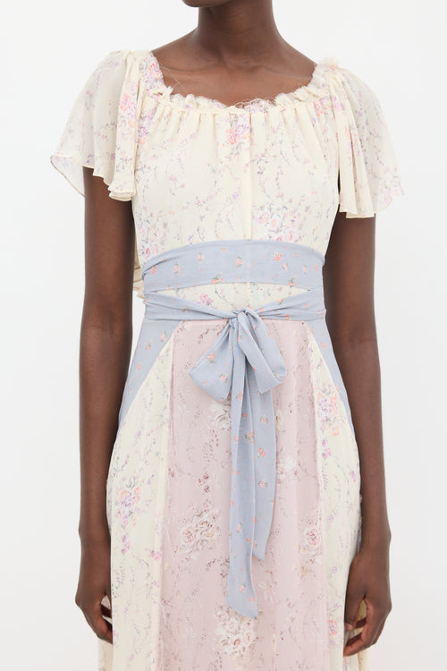 LoveShackFancy Cream 
Multi Silk Floral Belted Dress