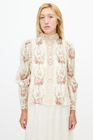 LoveShackFancy Beige 
Multicolour Silk Floral Crochet Blouse