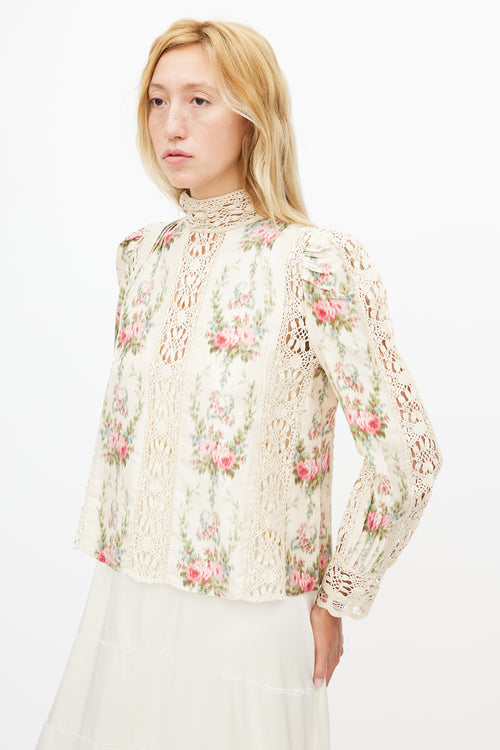 LoveShackFancy Beige 
Multicolour Silk Floral Crochet Blouse