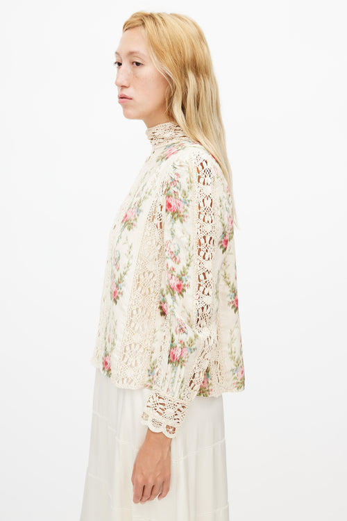 LoveShackFancy Beige 
Multicolour Silk Floral Crochet Blouse