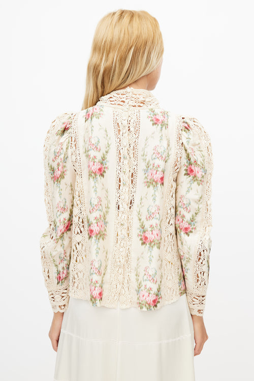 LoveShackFancy Beige 
Multicolour Silk Floral Crochet Blouse