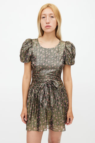 LoveShackFancy Gold 
Multicolour Floral Metallic Belted Dress