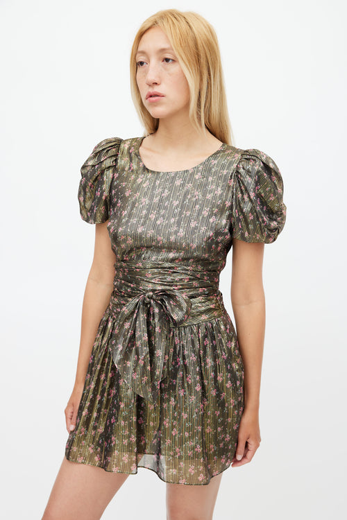 LoveShackFancy Gold 
Multicolour Floral Metallic Belted Dress