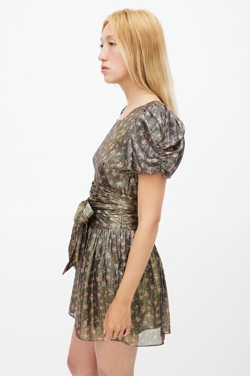 LoveShackFancy Gold 
Multicolour Floral Metallic Belted Dress