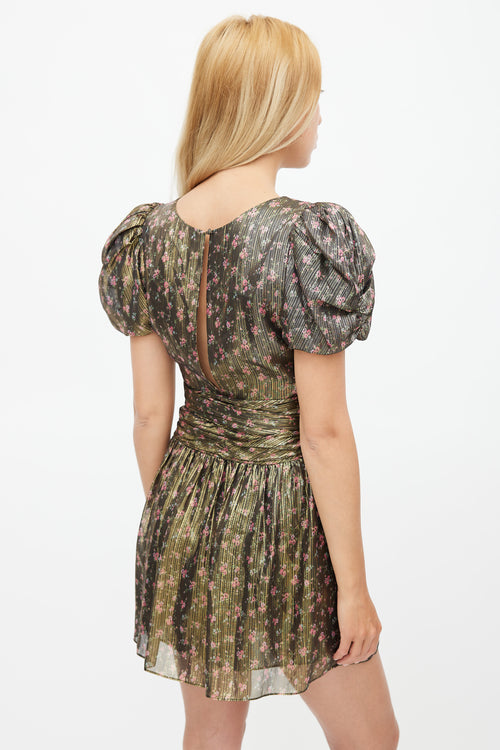 LoveShackFancy Gold 
Multicolour Floral Metallic Belted Dress