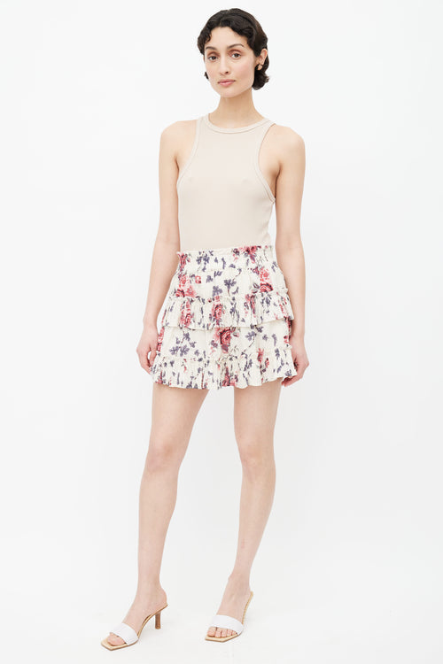 LoveShackFancy Cream 
Multi Floral Print Mini Skirt