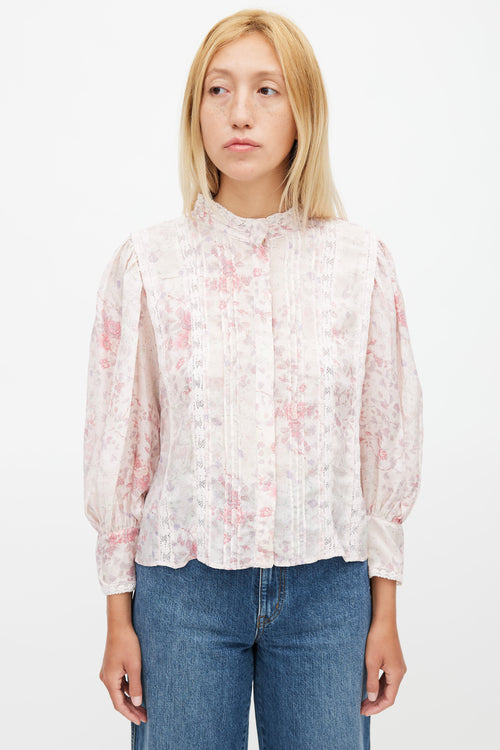 LoveShackFancy Pink 
Multicolour Floral Pleated Top