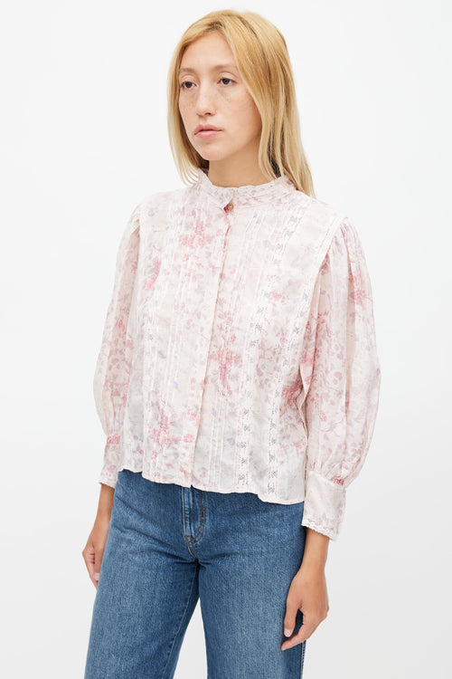 LoveShackFancy Pink 
Multicolour Floral Pleated Top