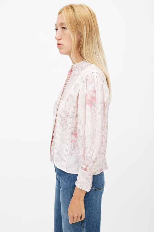 LoveShackFancy Pink 
Multicolour Floral Pleated Top