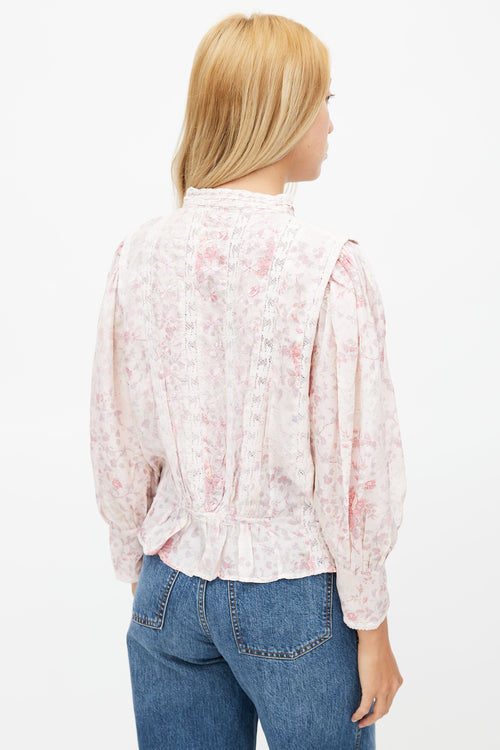 LoveShackFancy Pink 
Multicolour Floral Pleated Top