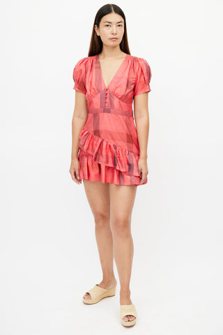 LoveShackFancy Red Plaid Ruffled Silk Dress