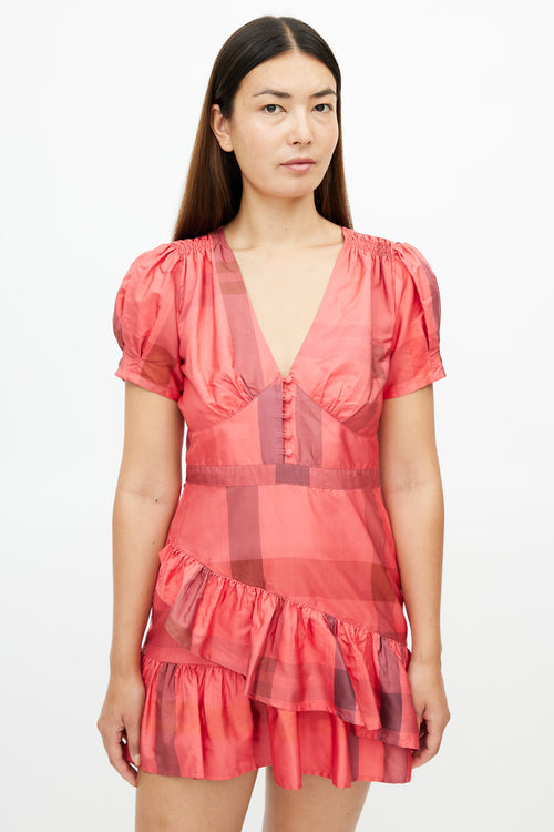 LoveShackFancy Red Plaid Ruffled Silk Dress