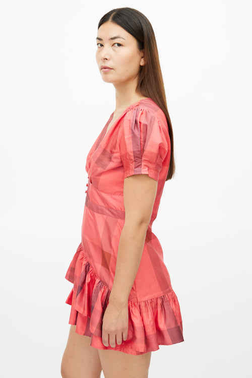 LoveShackFancy Red Plaid Ruffled Silk Dress