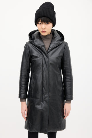 M0851 Black Leather Hooded 
Padded Coat