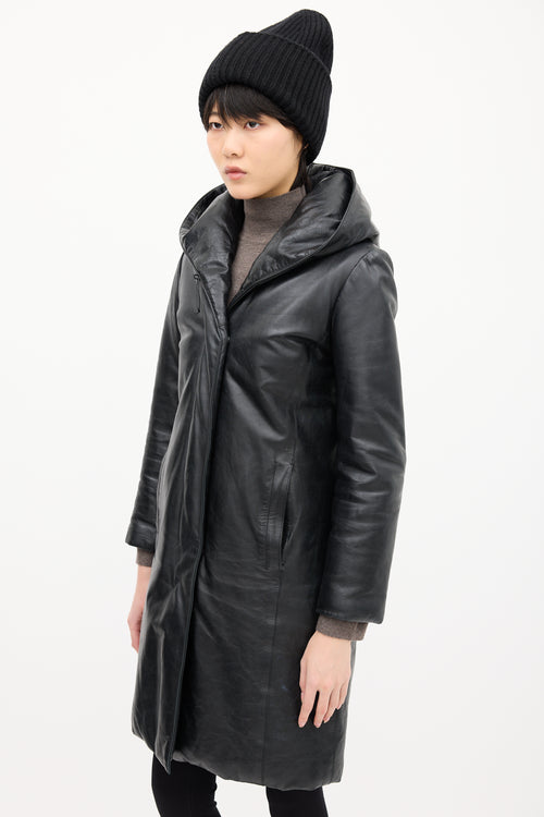 M0851 Black Leather Hooded 
Padded Coat