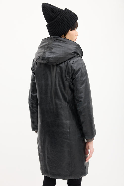 M0851 Black Leather Hooded 
Padded Coat