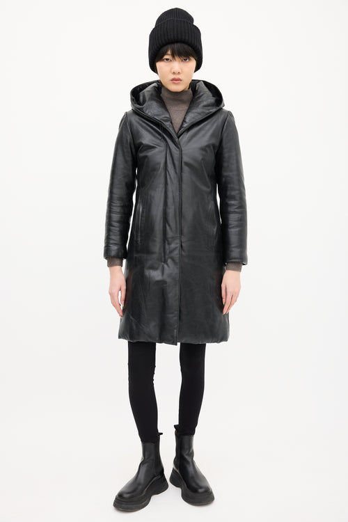 M0851 Black Leather Hooded 
Padded Coat