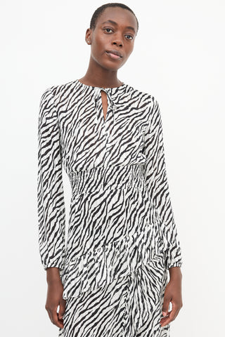 Maje White 
Black Printed Ruffle Dress