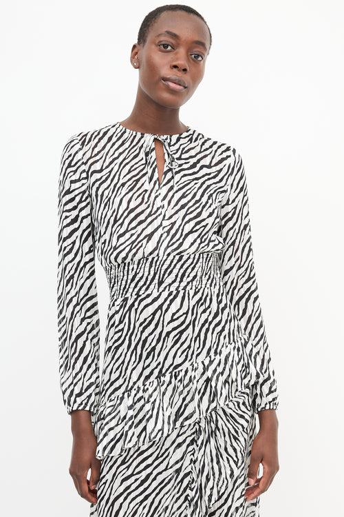 Maje White 
Black Printed Ruffle Dress