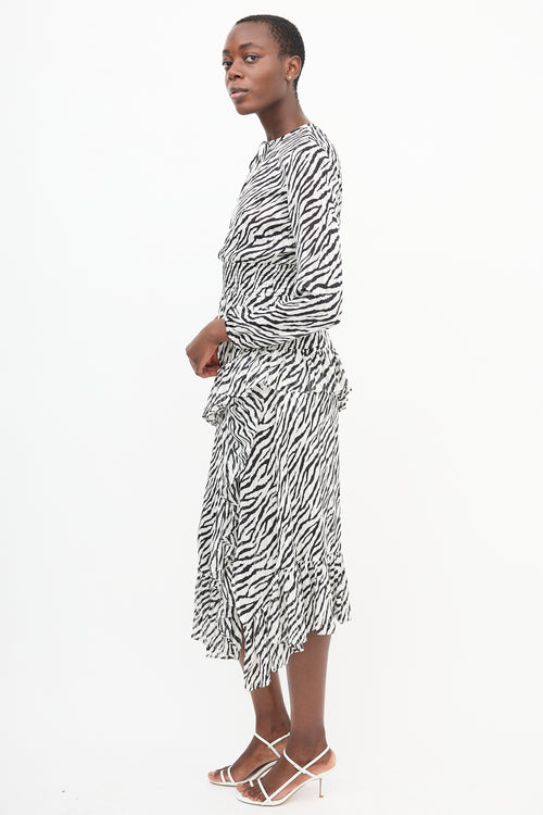 Maje White 
Black Printed Ruffle Dress